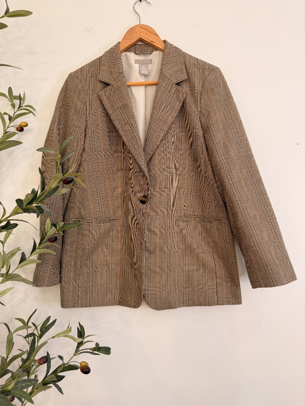 H&M Brown Plaid Single Button Blazer Glen Check Size Small